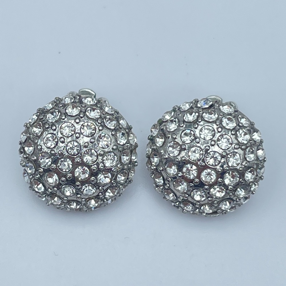 Vintage Y2K Silver Tone Clear Rhinestone Dome Earrings Statement Women's Jewelry